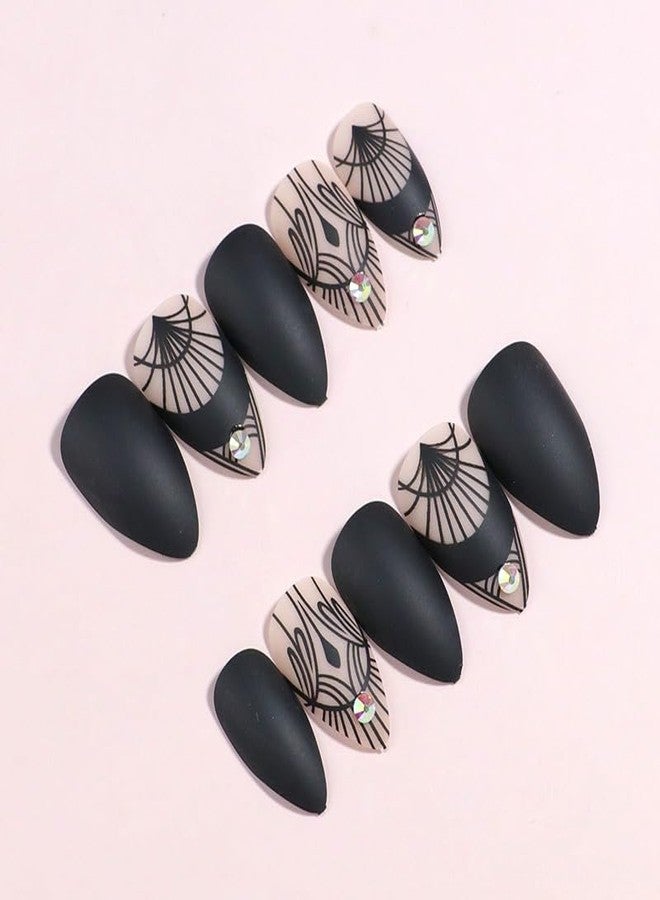 OCOUYVD Press on Nails Medium Almond Stiletto Heel Fake Nails Gothic Mesh Rhinestone Acrylic Nail Glossy Glue on Holiday False Nails Full Cover Stick on Nail for Women Girls 24PCS - Image 5